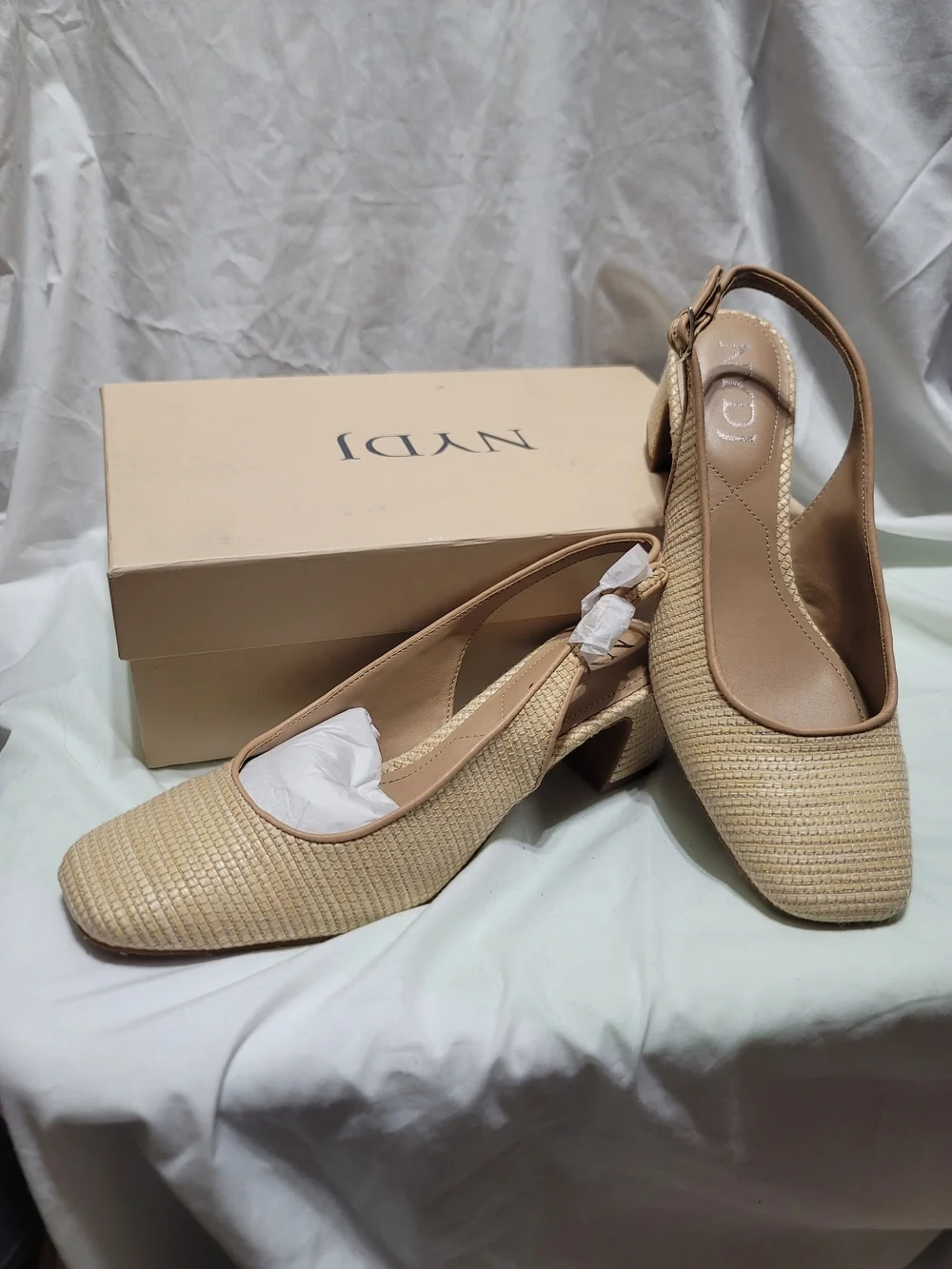 NYDJ Faelynn Raffia Slingback Pumps Natural Tan Block Heel New In Box 9.5M